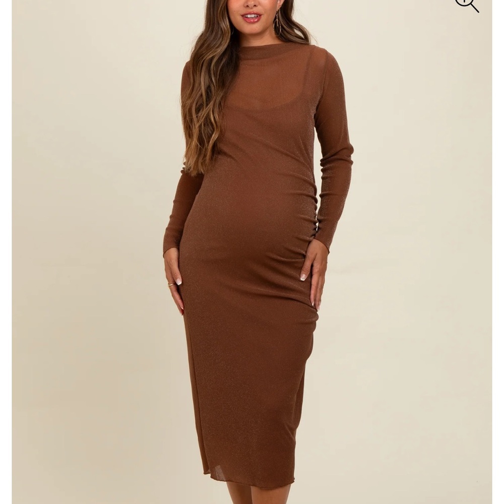 Brown Shimmer Mesh Long Sleeve Ruched
Maternity Midi Dress